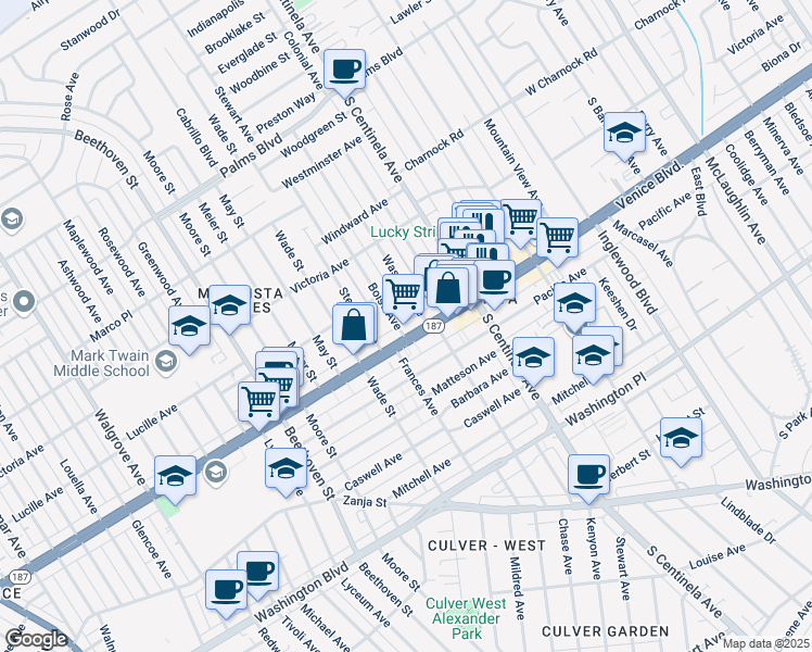 map of restaurants, bars, coffee shops, grocery stores, and more near 3766 Boise Avenue in Los Angeles