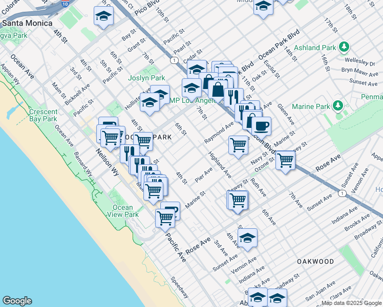 map of restaurants, bars, coffee shops, grocery stores, and more near 2727 6th Street in Santa Monica