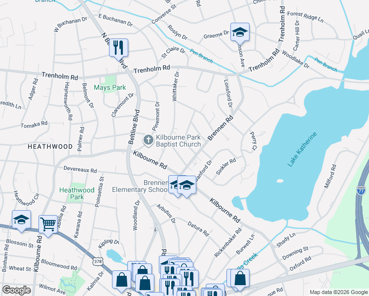 map of restaurants, bars, coffee shops, grocery stores, and more near 1340 Ellison Road in Columbia