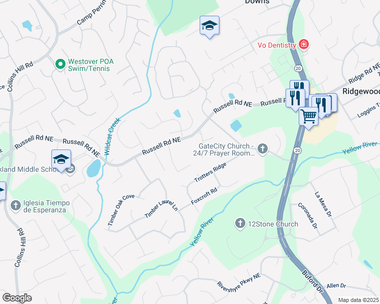 map of restaurants, bars, coffee shops, grocery stores, and more near 380 Russell Road in Lawrenceville