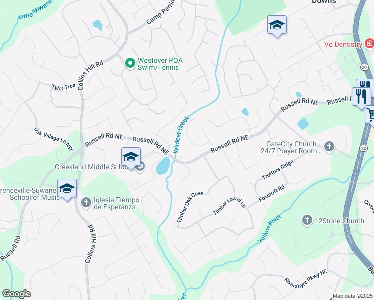 map of restaurants, bars, coffee shops, grocery stores, and more near 241 Russell Road in Lawrenceville