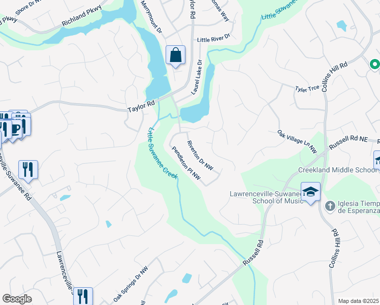 map of restaurants, bars, coffee shops, grocery stores, and more near 1912 Riverton Drive Northwest in Suwanee