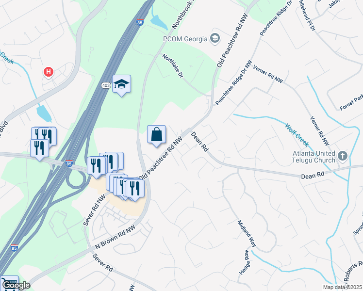 map of restaurants, bars, coffee shops, grocery stores, and more near 1343 Penhurst Drive in Lawrenceville