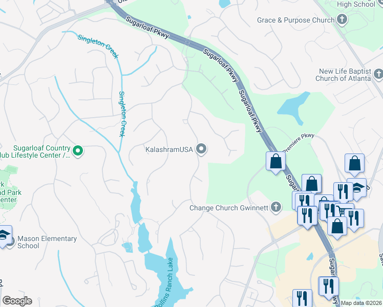 map of restaurants, bars, coffee shops, grocery stores, and more near 1775 Sugarloaf Club Drive in Duluth