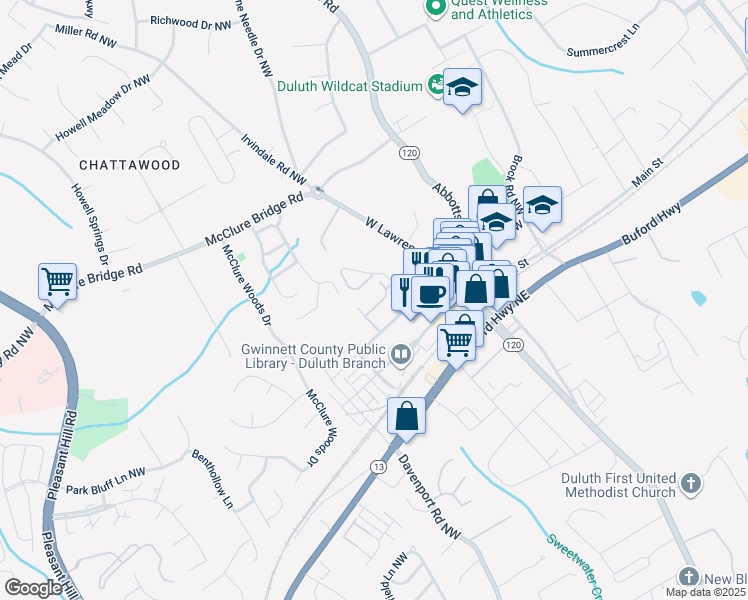 map of restaurants, bars, coffee shops, grocery stores, and more near 3612 Ridge Town Drive in Duluth
