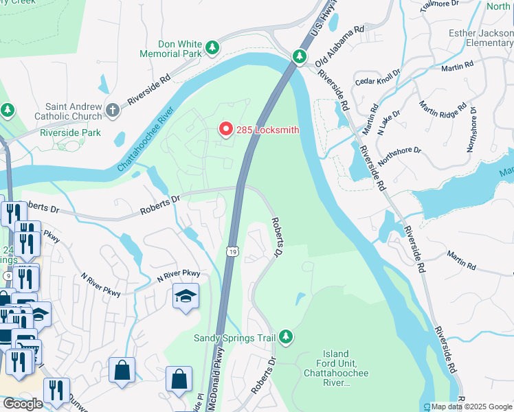 map of restaurants, bars, coffee shops, grocery stores, and more near 9280 Roberts Drive in Atlanta