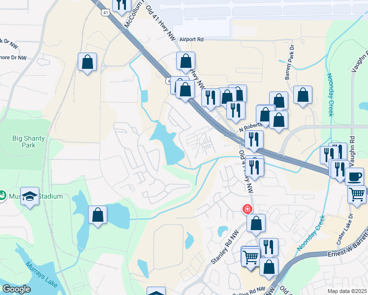 map of restaurants, bars, coffee shops, grocery stores, and more near 1802 Waterside Drive in Kennesaw