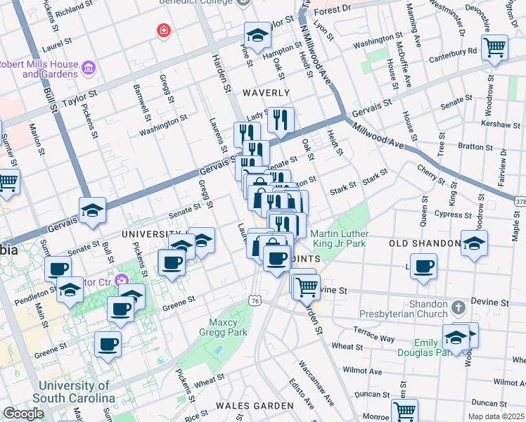 map of restaurants, bars, coffee shops, grocery stores, and more near 5128 Fairfield Road in Columbia