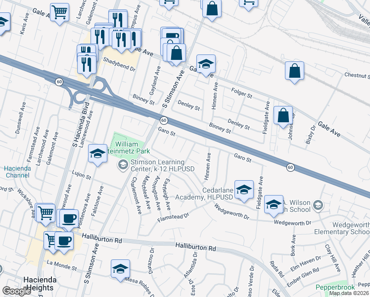 map of restaurants, bars, coffee shops, grocery stores, and more near 16109 Garo Street in Hacienda Heights