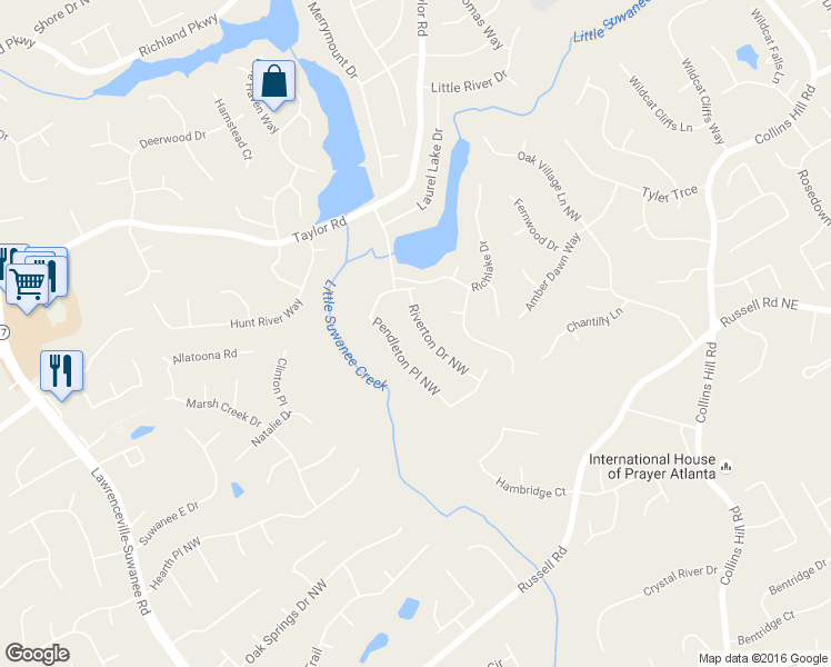 map of restaurants, bars, coffee shops, grocery stores, and more near 1912 Riverton Drive Northwest in Suwanee