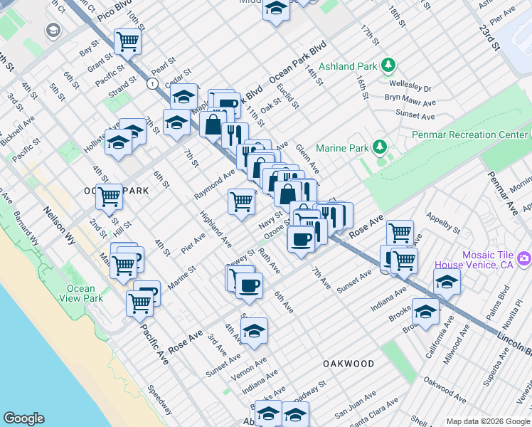 map of restaurants, bars, coffee shops, grocery stores, and more near 3012 Bentley Court in Santa Monica