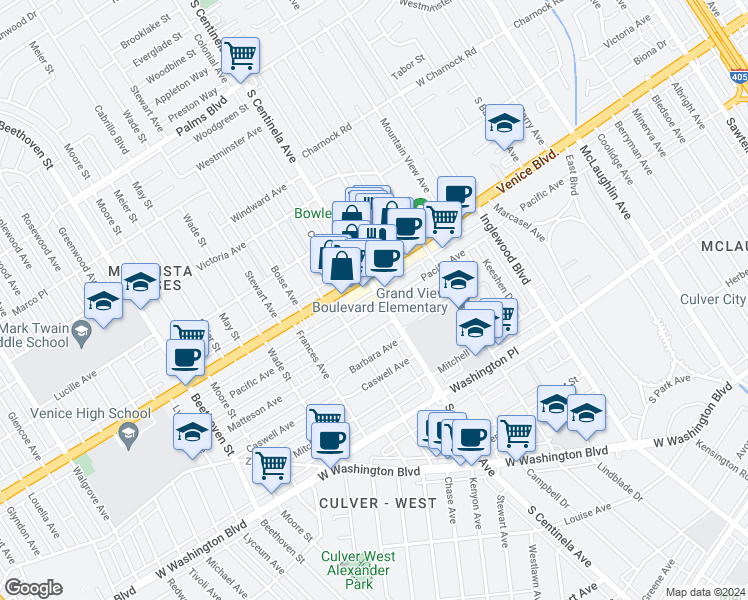 map of restaurants, bars, coffee shops, grocery stores, and more near 12411 Pacific Avenue in Los Angeles