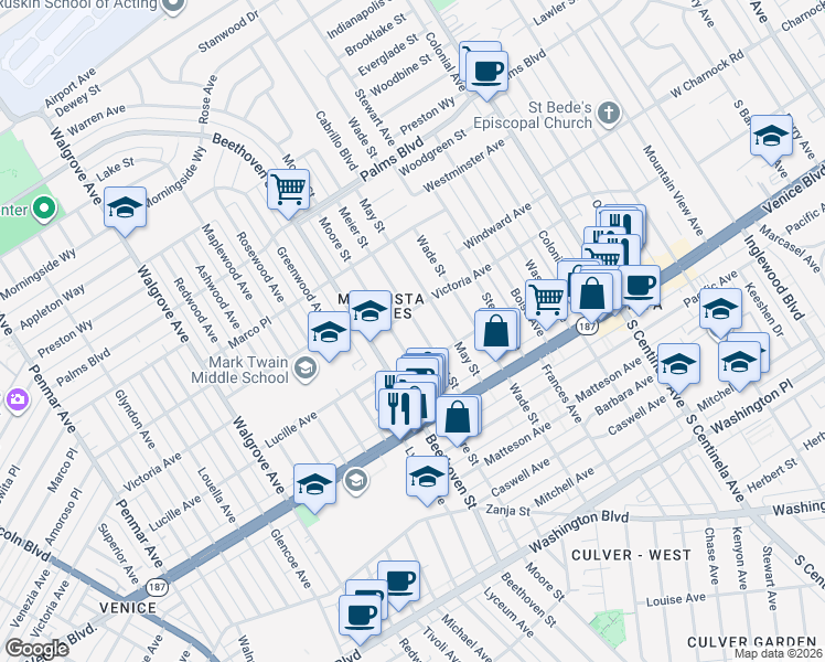 map of restaurants, bars, coffee shops, grocery stores, and more near 3721 Meier Street in Los Angeles