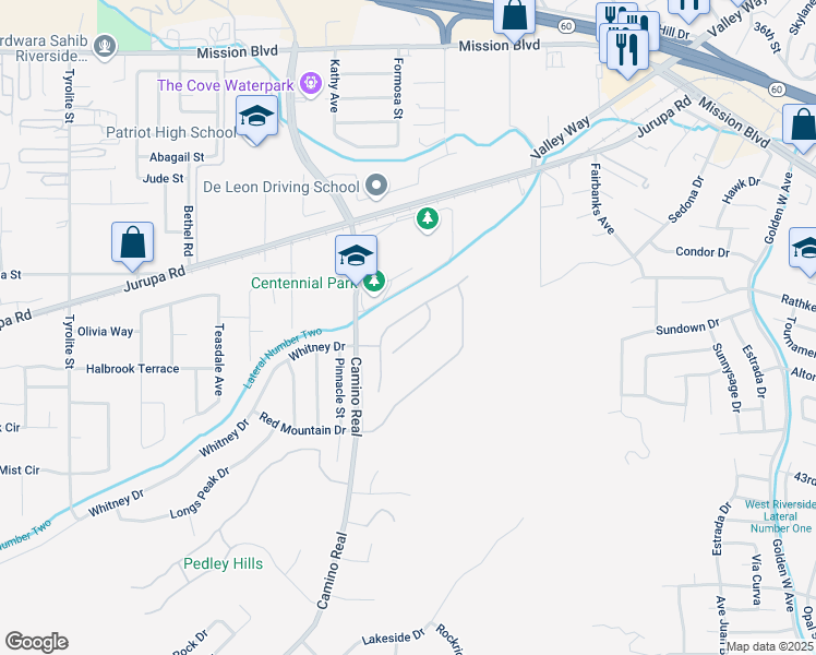 map of restaurants, bars, coffee shops, grocery stores, and more near 4689 Eagle Ridge Court in Riverside
