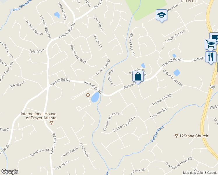 map of restaurants, bars, coffee shops, grocery stores, and more near 241 Russell Road in Lawrenceville