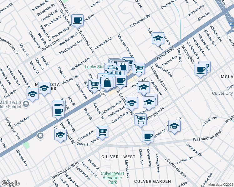 map of restaurants, bars, coffee shops, grocery stores, and more near 12411 Pacific Avenue in Los Angeles