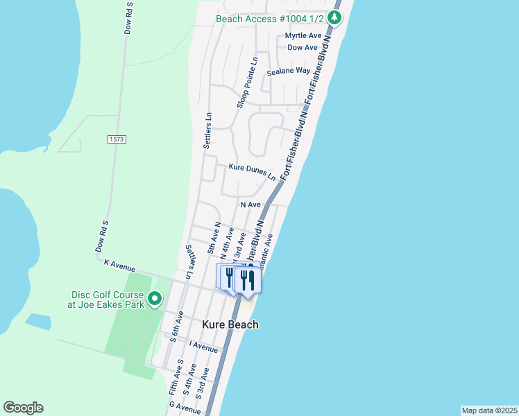 map of restaurants, bars, coffee shops, grocery stores, and more near 205 N Avenue in Kure Beach