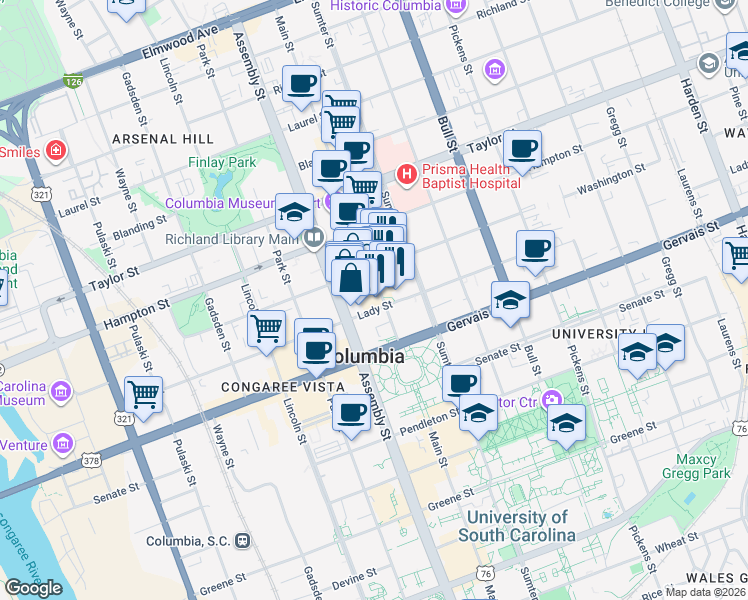 map of restaurants, bars, coffee shops, grocery stores, and more near 1328 Main Street in Columbia