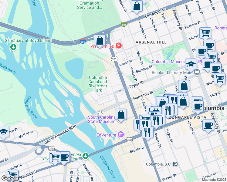 map of restaurants, bars, coffee shops, grocery stores, and more near 1615 Williams Street in Columbia