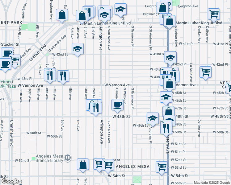 map of restaurants, bars, coffee shops, grocery stores, and more near 1966 West Vernon Avenue in Los Angeles