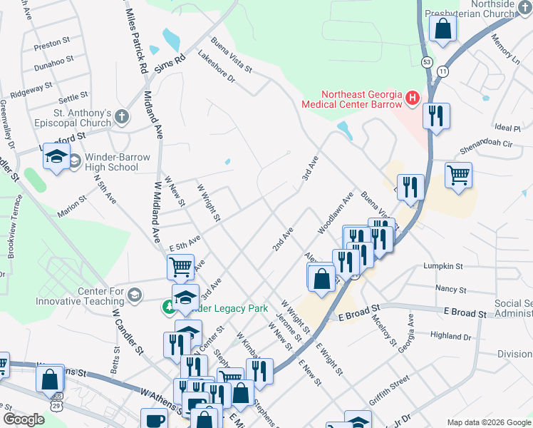 map of restaurants, bars, coffee shops, grocery stores, and more near 360 3rd Avenue in Winder