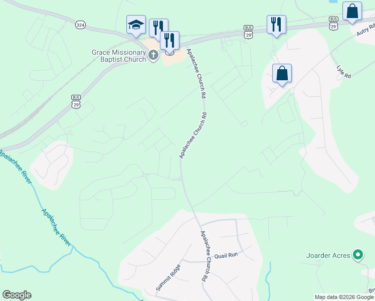 map of restaurants, bars, coffee shops, grocery stores, and more near 105 Appalachee Church Road in Auburn