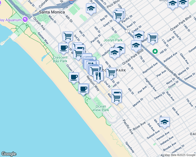 map of restaurants, bars, coffee shops, grocery stores, and more near 2513 2nd Street in Santa Monica