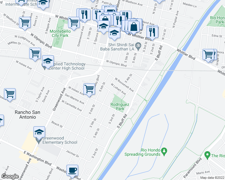 map of restaurants, bars, coffee shops, grocery stores, and more near 424 Walnut Avenue in Montebello