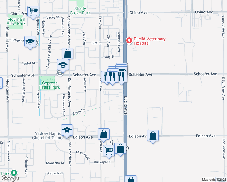 map of restaurants, bars, coffee shops, grocery stores, and more near 6986 Silverado Street in Chino