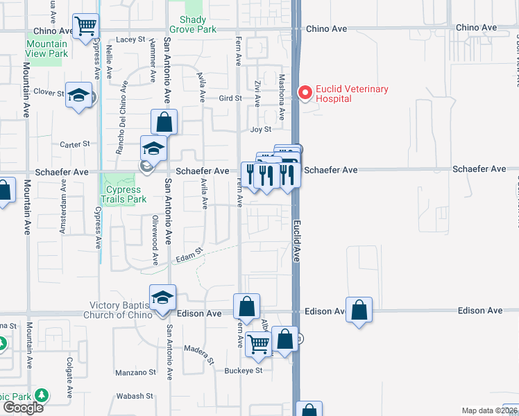 map of restaurants, bars, coffee shops, grocery stores, and more near 6952 Silverado Street in Chino