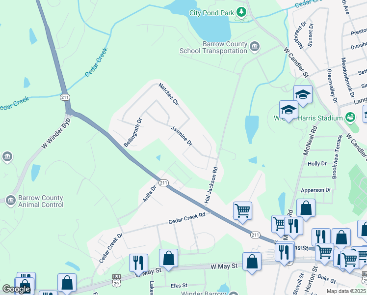 map of restaurants, bars, coffee shops, grocery stores, and more near 209 Bayou Lane in Winder