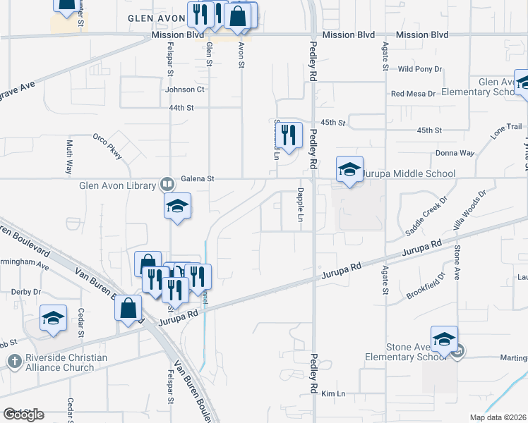 map of restaurants, bars, coffee shops, grocery stores, and more near 4694 Filly Lane in Riverside