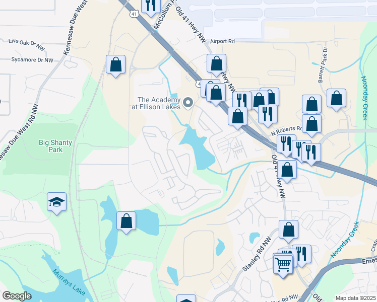 map of restaurants, bars, coffee shops, grocery stores, and more near 1986 Lakeshore Overlook Circle Northwest in Kennesaw