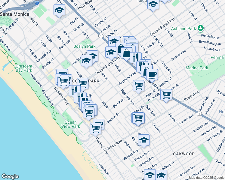 map of restaurants, bars, coffee shops, grocery stores, and more near 524 Raymond Avenue in Santa Monica
