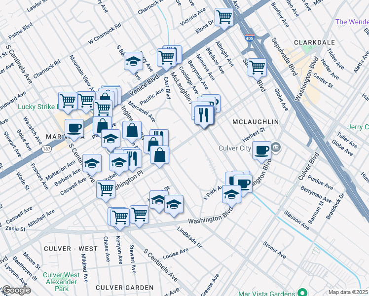 map of restaurants, bars, coffee shops, grocery stores, and more near 11852 Washington Place in Los Angeles