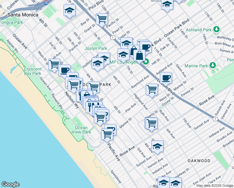 map of restaurants, bars, coffee shops, grocery stores, and more near 441 Raymond Avenue in Santa Monica
