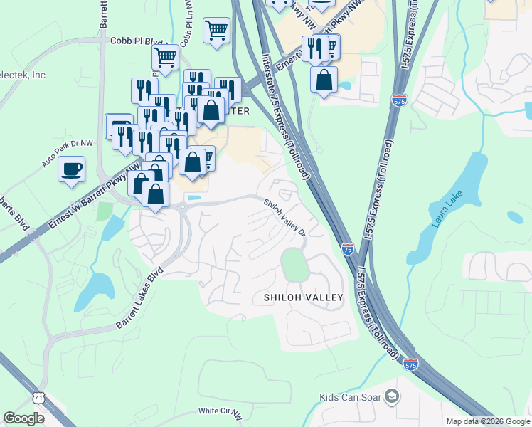 map of restaurants, bars, coffee shops, grocery stores, and more near 304 General Wheeler Court in Kennesaw