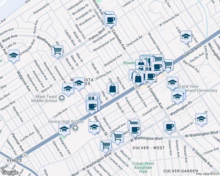 map of restaurants, bars, coffee shops, grocery stores, and more near 3756 Wade Street in Los Angeles