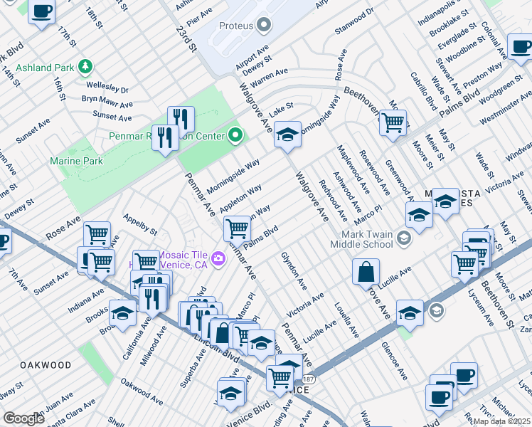 map of restaurants, bars, coffee shops, grocery stores, and more near 1310 Preston Way in Los Angeles