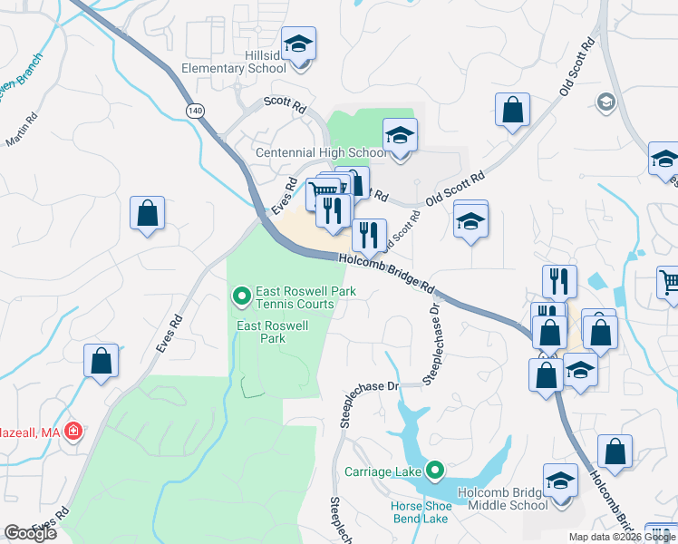 map of restaurants, bars, coffee shops, grocery stores, and more near 9000 Holcomb Bridge Road in Roswell