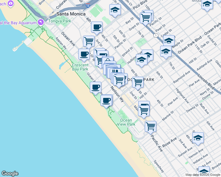 map of restaurants, bars, coffee shops, grocery stores, and more near 157 Hart Avenue in Santa Monica