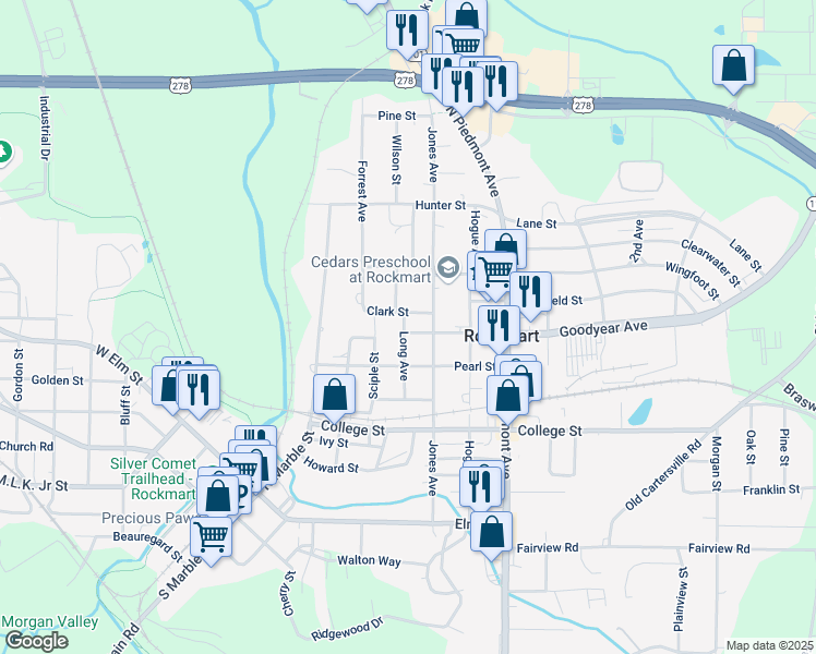map of restaurants, bars, coffee shops, grocery stores, and more near 402 Goodyear Avenue in Rockmart