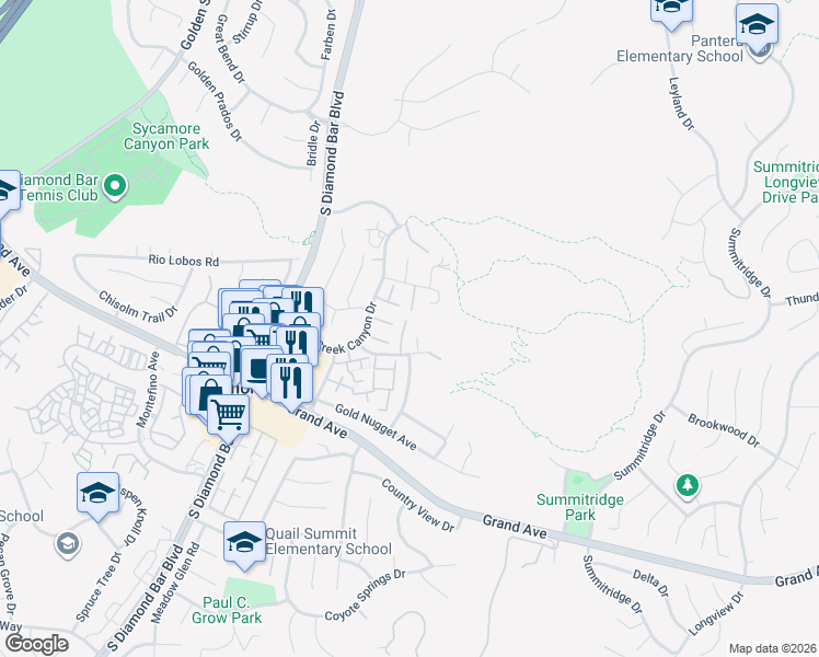 map of restaurants, bars, coffee shops, grocery stores, and more near 23524 Deer Spring Lane in Diamond Bar