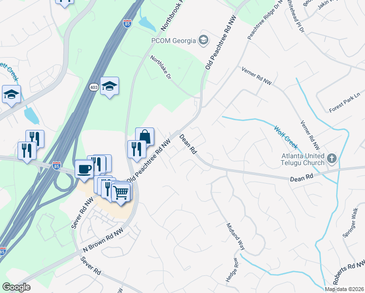 map of restaurants, bars, coffee shops, grocery stores, and more near 1327 Penhurst Drive in Lawrenceville