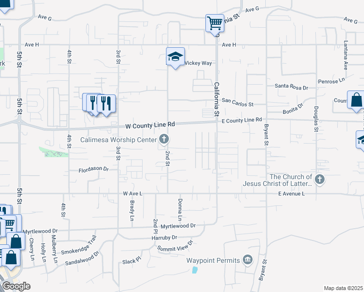 map of restaurants, bars, coffee shops, grocery stores, and more near 172 Fisher Court in Calimesa
