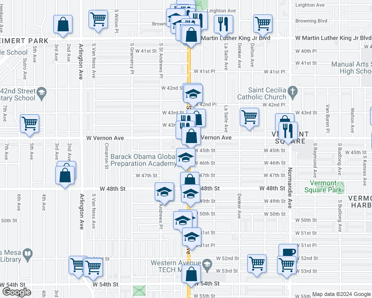 map of restaurants, bars, coffee shops, grocery stores, and more near 4441 South Western Avenue in Los Angeles