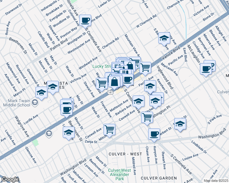map of restaurants, bars, coffee shops, grocery stores, and more near 12444 Venice Boulevard in Los Angeles