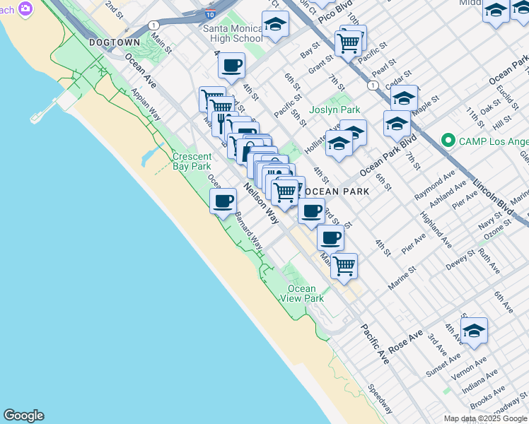 map of restaurants, bars, coffee shops, grocery stores, and more near in Santa Monica