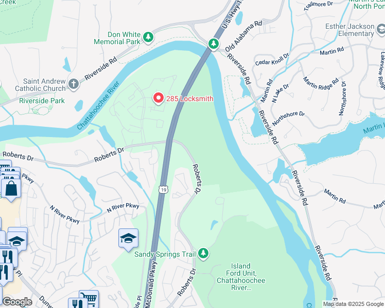 map of restaurants, bars, coffee shops, grocery stores, and more near 9280 Roberts Drive in Atlanta