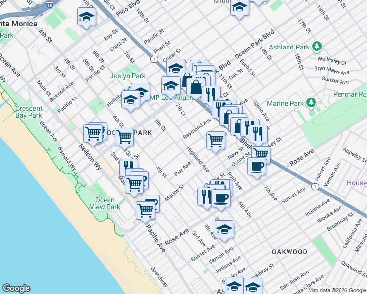 map of restaurants, bars, coffee shops, grocery stores, and more near 637 Ashland Avenue in Santa Monica